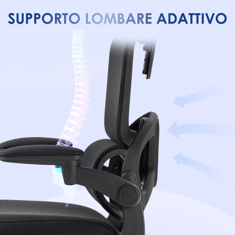 Vinsetto Sedia da Ufficio ad Altezza Regolabile con Inclinazione e Supporto Lombare, 62x58x120-133 cm, Nera