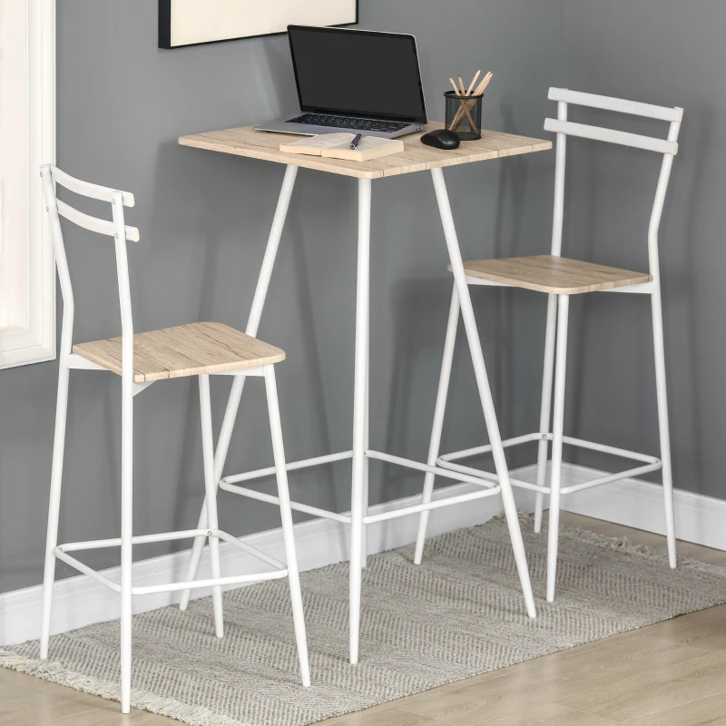 HOMCOM Bar Table and Stools Breakfast Dining Table and Chairs Set of 2 with Steel Frame and Footrest for Bar and Kitchen White