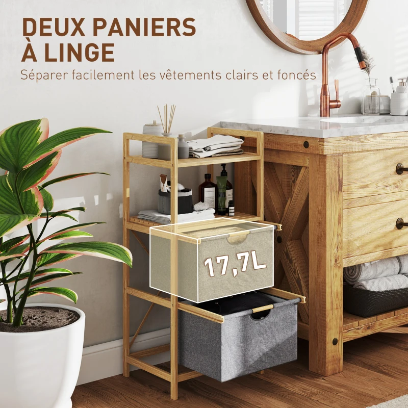 HOMCOM Panier à linge en bambou corbeille à linge sale avec 2 sacs en tissu coulissants et étagères ouvertes, naturel