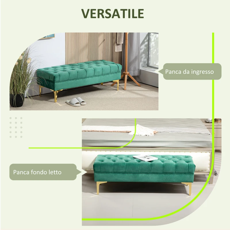 HOMCOM Panca Fondo Letto Imbottita con Rivestimento Trapuntato in Tessuto Effetto Velluto, 118x45x42 cm, Verde Scuro