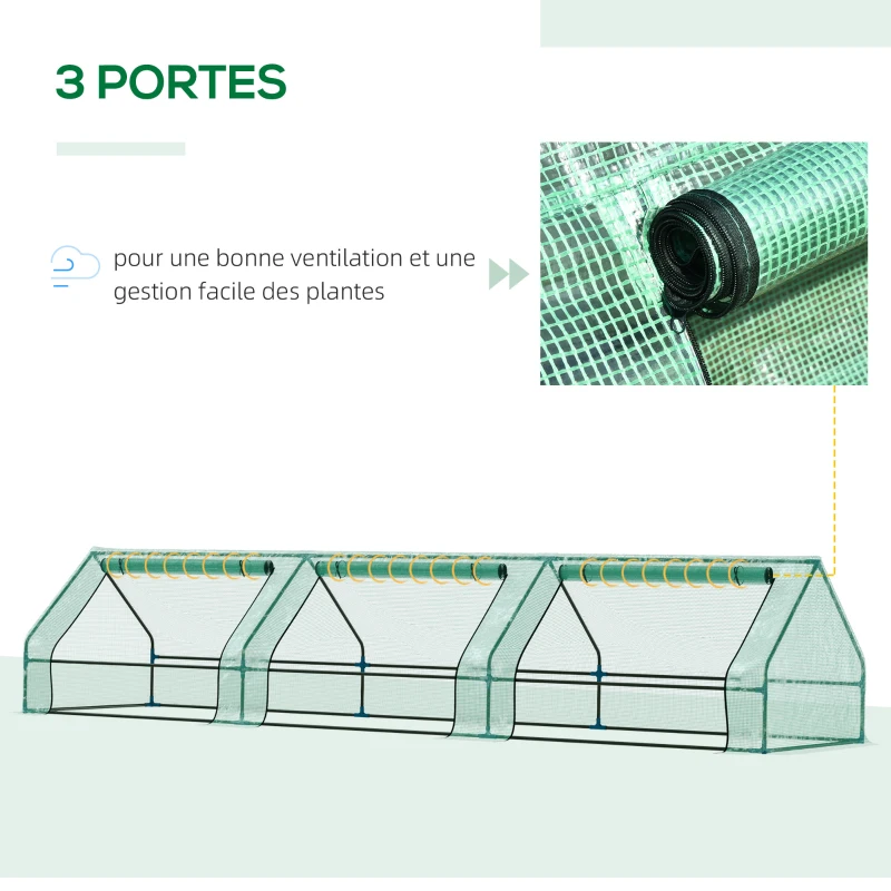 Outsunny Mini Serre de Jardin Serre à tomates mini serre tunnel toit pointu 400L x 100l x 80H cm Acier PE Haute densité 140 g/m² Anti-UV 3 fenêtres avec Zip enroulables Vert