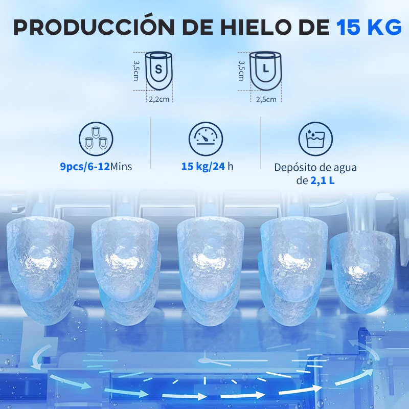 HOMCOM Máquina de Hacer Hielo 9 Cubitos de Hielo en 6-12 Minutos 15 kg en 24h  2 Tamaños de Cubitos 25,2x37,5x31,2 cm Negro