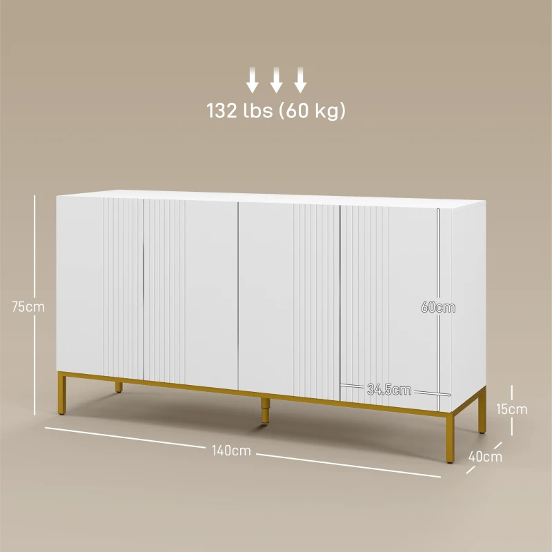 HOMCOM Credenza Moderna a 4 Ante con Chiusura Ammortizzata e Mensole Regolabili, 140x40x75cm, Bianco e Oro