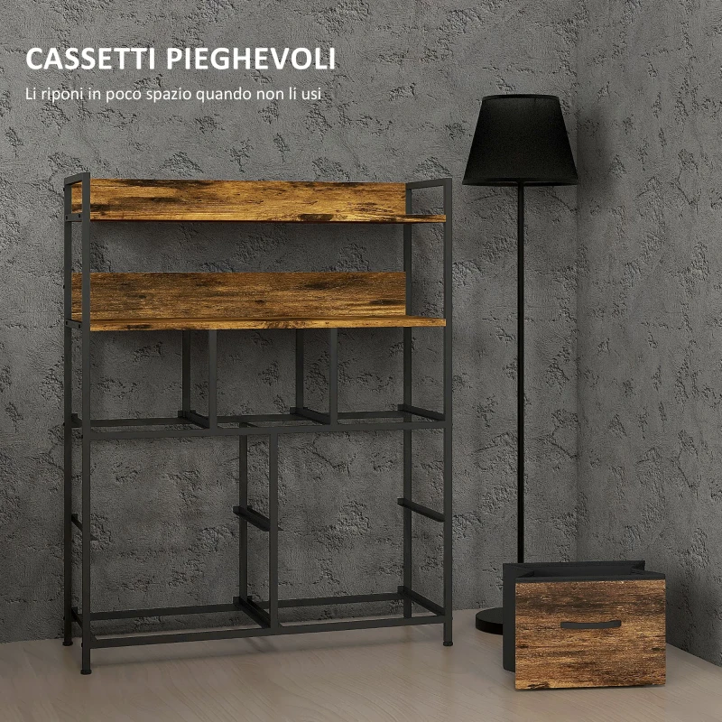 HOMCOM Cassettiera 7 Cassetti Rimovibili con 2 Ripiani Industriale in Legno e Acciaio, 79x29x101 cm, Marrone e Nero