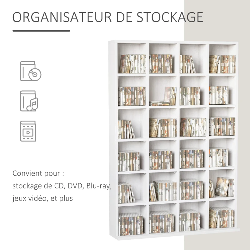 HOMCOM Meuble de rangement multimédia 456 CD/ 336 DVD - bibliothèque en bois avec étagères réglables, 89 x 130,5 cm, blanc