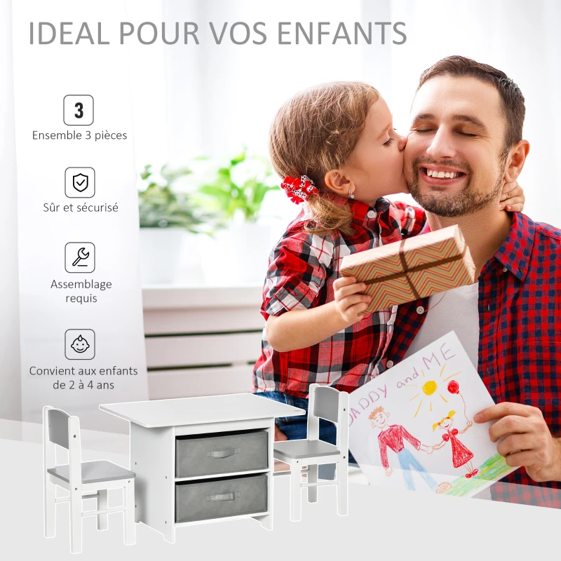HOMCOM Ensemble table et chaises enfant - set de 3 pièces + 2 tiroirs non tissés - table étagère pour jouets 2 en 1 - MDF blanc gris
