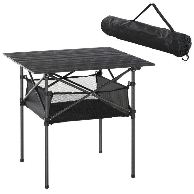Outsunny Mesa de Camping Plegable con Almacenaje de Malla y Bolsa de Transporte para Exterior Jardín y Picnic 70x70x69 cm Negro