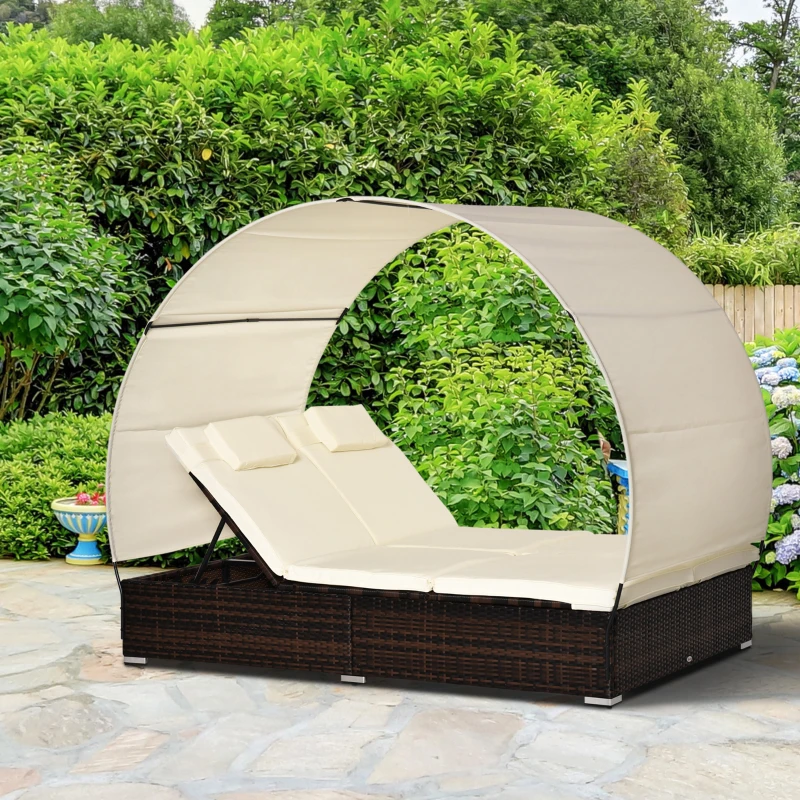 Outsunny Sdraio da Giardino Doppia con Tettuccio e Schienale 5 Reclinazioni, Lettino Prendisole in Rattan PE 196x137x31cm Bianco Crema