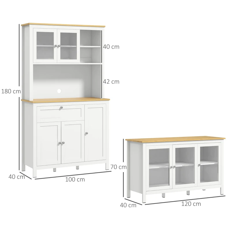 HOMCOM Buffet de cuisine haut + meuble bas de rangement - portes vitrées, étagères réglables, tiroir, niche et passe-câble - blanc, bois naturel