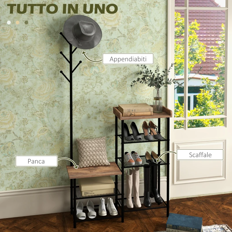 HOMCOM Appendiabiti da Terra a 6 Ganci in Truciolato e Acciaio con Mobile Scarpiera Portaoggetti, 92.5x28.2x182 cm