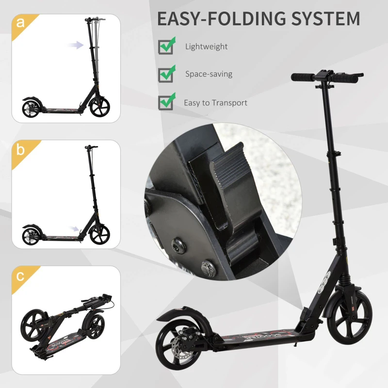 HOMCOM Kick Scooter, Folding 2 Wheel Scooter with Dual Brake System, Dual Suspension, 230mm Big Wheels and 3 Adjustable Handlebar, for 14+ Teens Adults, up to 100KG, Black