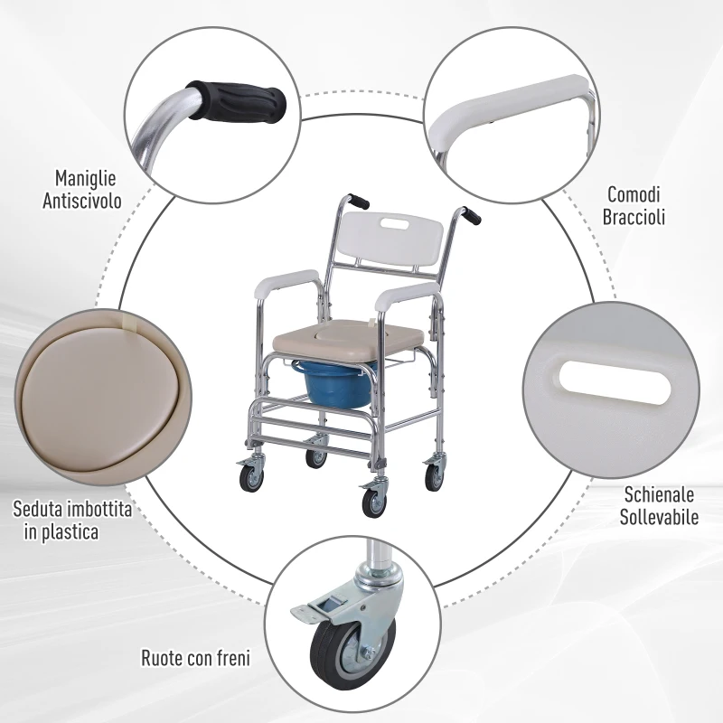 HOMCOM Sedia a Rotelle Impermeabile con WC Seduta in Ecopelle, 4 Ruote, Vaso Rimovibile per Anziani/Disabili, 84x54x96cm