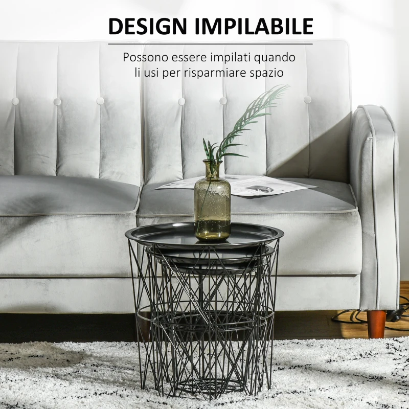 HOMCOM Set 3 Tavolini da Salotto Moderni con Coperchio Rimovibile, Tavolino Basso Contenitore in Acciaio Nero, Forma Cilindrica