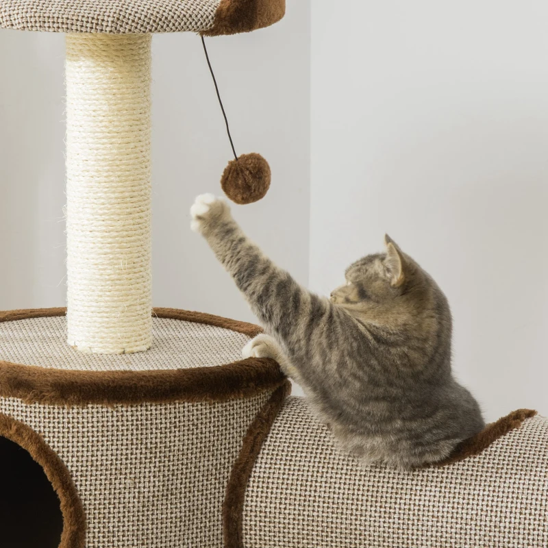 PawHut Árbol Rascador para Gatos Mediano Altura 104 cm Torre Escalador de Gato con Barril Rascador Cama Superior Túnel Postes de Sisal y Bola Colgante 75x39x104 cm Marrón