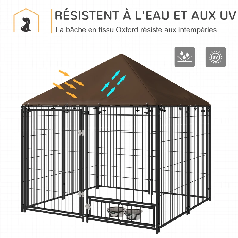 PawHut Chenil extérieur pour Chiens en métal et Tissu Oxford Support gamelle et Toit résistant aux intempéries Espace spacieux