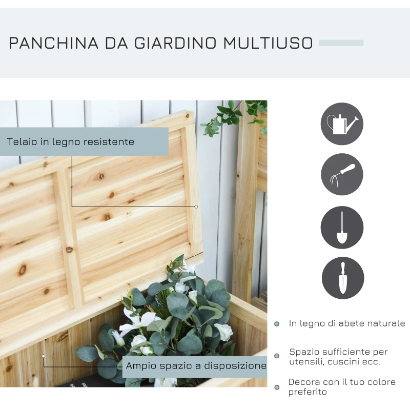 Outsunny Panca Contenitore da Esterno in Legno di Abete Naturale con Schienale per Giardino e Terrazza, 115x45x75cm