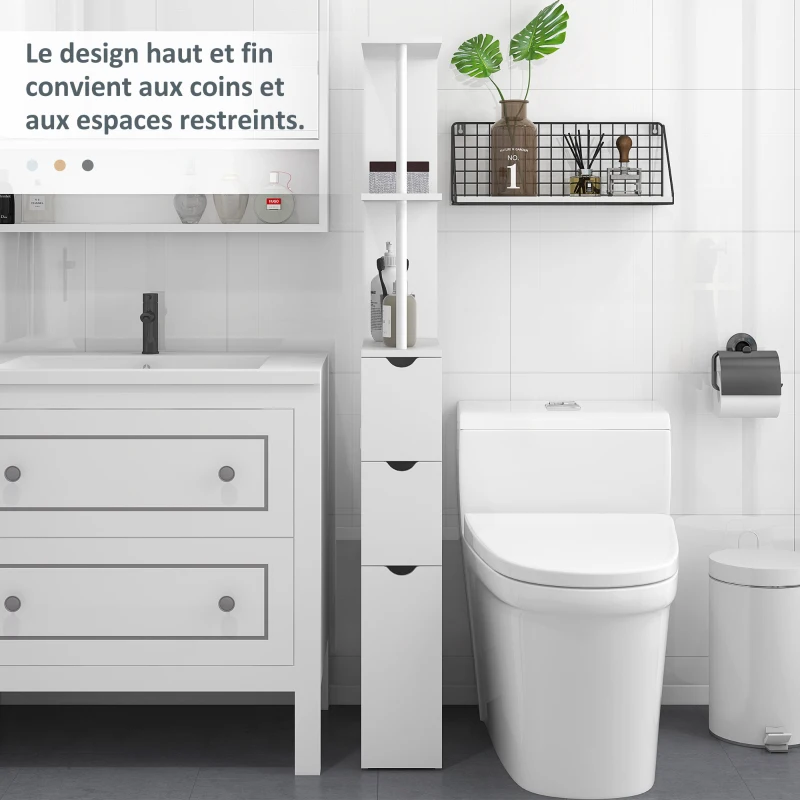 HOMCOM Meuble colonne salle de bain armoire de salle de bain avec tiroirs étagères ouvertes placard 15 x 33 x 136,5 cm blanc