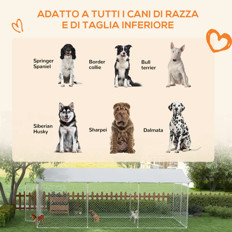 PawHut Kennel per Cani da Esterno con Tetto Impermeabile in Tessuto Oxford e Acciaio, 6x2.3x2.3m, Argento