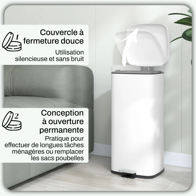 HOMCOM Poubelle de cuisine 30L avec couvercle à fermeture douce et pédale, seau intérieur amovible, 28L x 35l x 63,5H cm, blanc