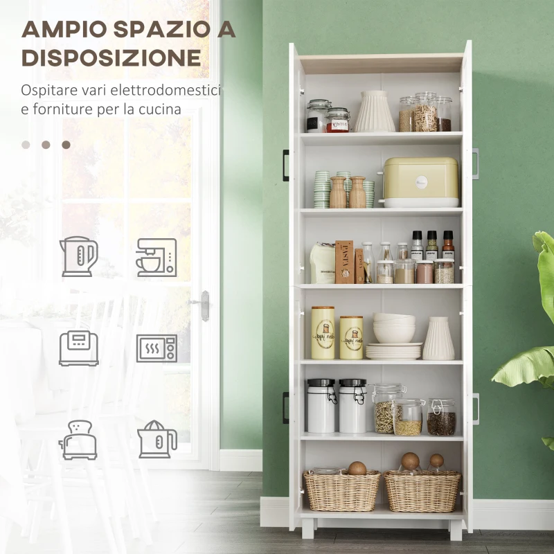 HOMCOM Mobile Dispensa da Cucina in Legno con 5 Ripiani Regolabili e 4 Ante, 60x30x170.5 cm, Bianco e color Legno