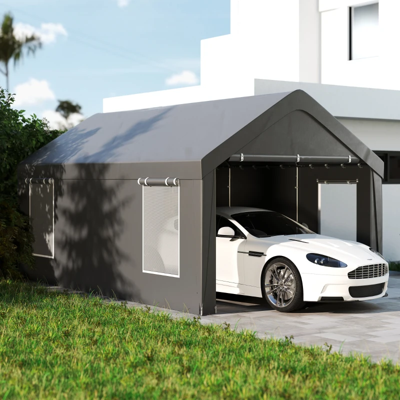 Outsunny Carport tente de garage 3 x 6 m avec parois latérales amovibles, 2 portes enroulables et 4 fenêtres, gris foncé
