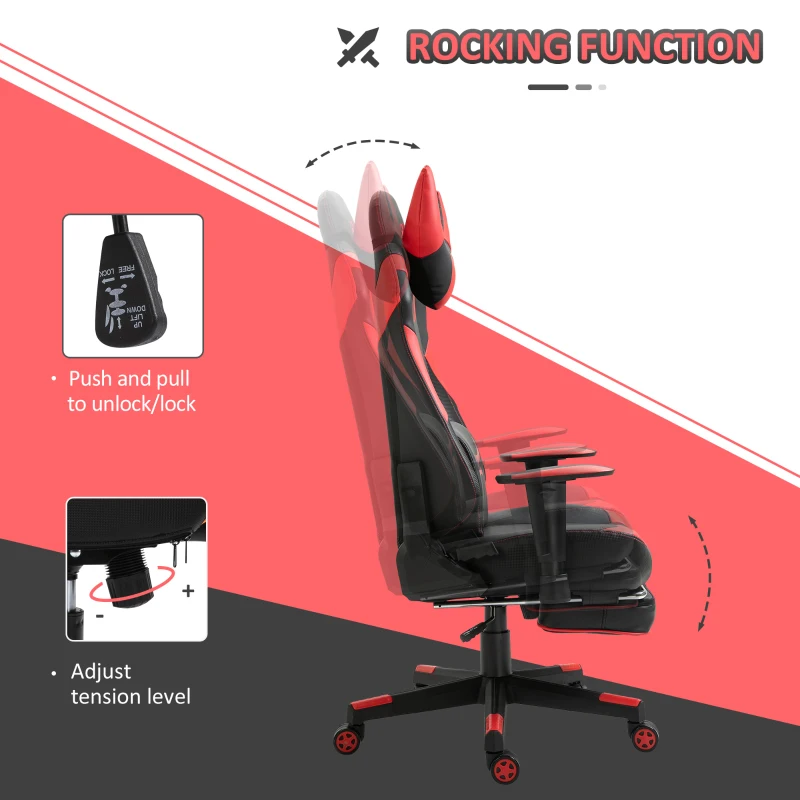 Vinsetto High-Back Gaming Chair Swivel Home Office Computer Racing Gamer Desk Chair Faux Leather with Footrest, Wheels, Black Red