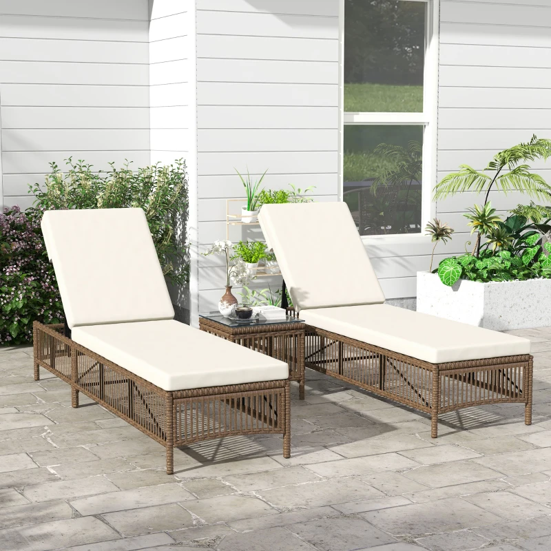 Outsunny Conjunto de 2 Tumbonas de Ratán con Mesa de Centro Respaldo Ajustable en 5 Niveles y Cojines 196x54x32 cm Beige