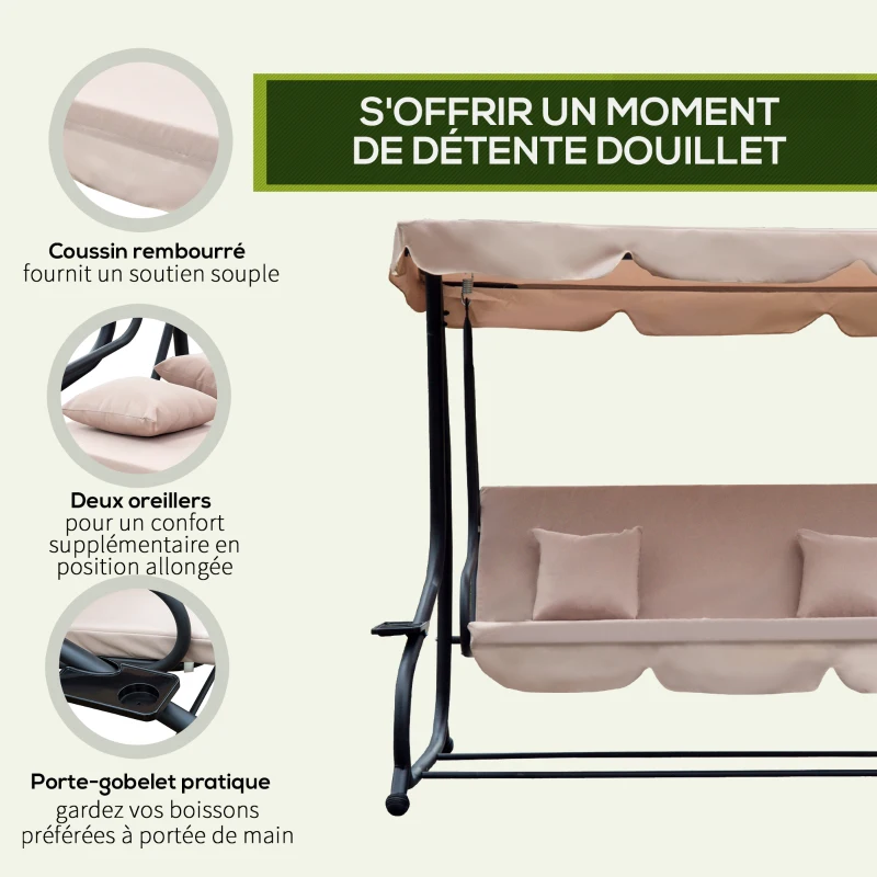 Outsunny Balancelle de Jardin 3 Places Convertible Toit Inclinaison réglable 2 tablettes Support 2L x 1,2l x 1,64H m métal époxy Noir Polyester Beige