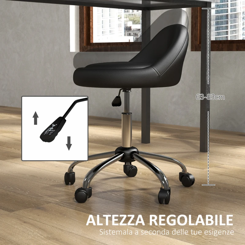 HOMCOM Sgabello con Ruote, Seduta Girevole, Altezza Regolabile e Rivestimento in Finta Pelle PU, Nero