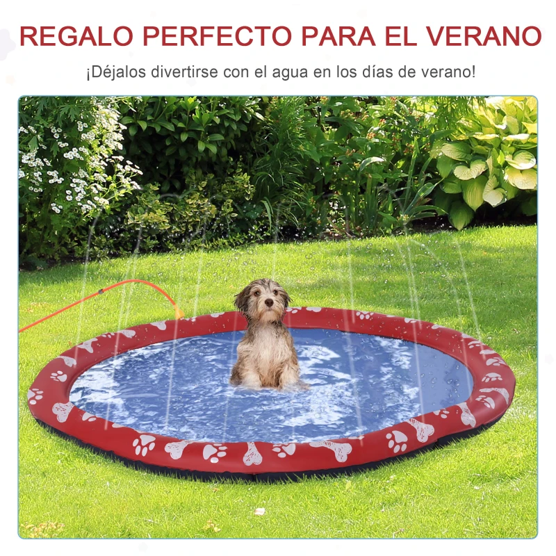 PawHut Tapete de Juegos de Agua Redondo Ø170 cm con Bonito Estampado y Superficie Antideslizante para Perros Rojo y Azul