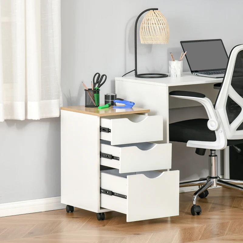 HOMCOM Caisson de bureau rangement bureau sur roulettes 3 tiroirs coulissants dim. 34L x 40I x 60,5H cm MDF blanc bois clair
