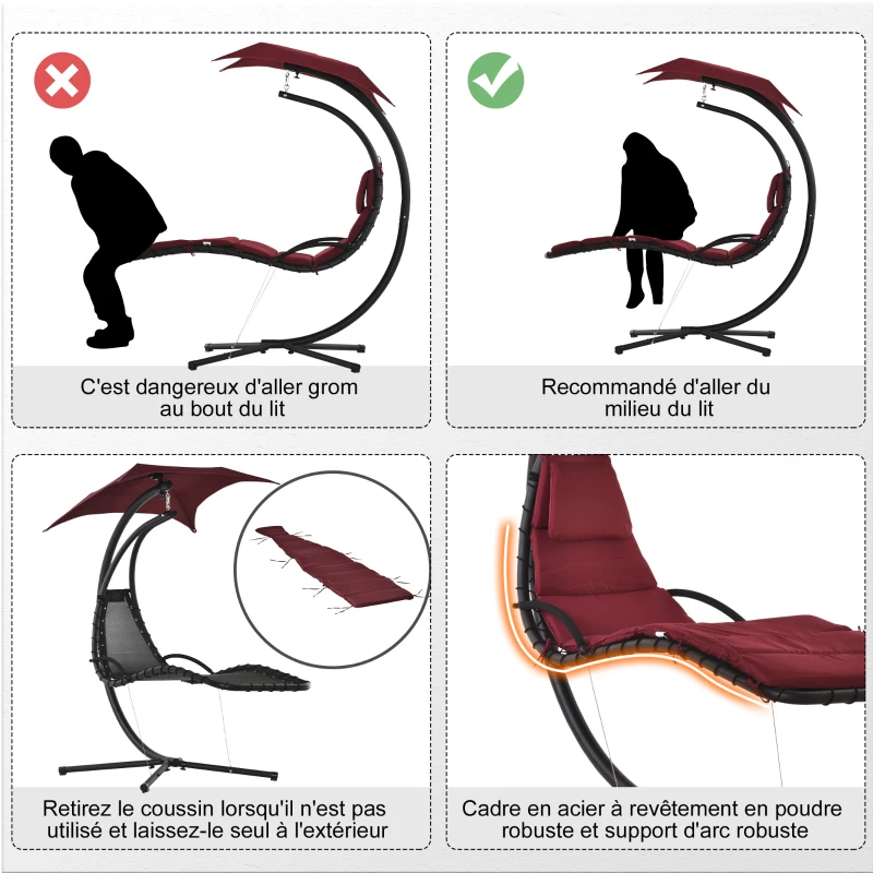 Outsunny Bain de Soleil transat Suspendu Chaise Suspendu Extérieur avec Pare-Soleil et Matelas Design Contemporain 194L x 117l x 192H cm Acier Polyester Rouge Noir