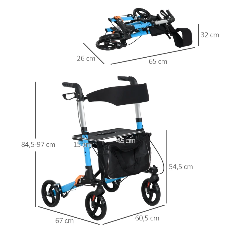 HOMCOM Déambulateur pliant avec siège et dossier 4 roues pliable réglable avec sac de rangement freins à main bleu et noir