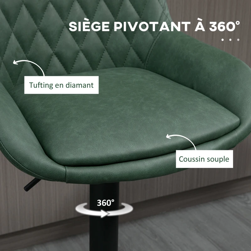 HOMCOM Lot de 2 tabourets de bar en similicuir hauteur réglable pivotant à 360° dossier et repose-pieds vert foncé