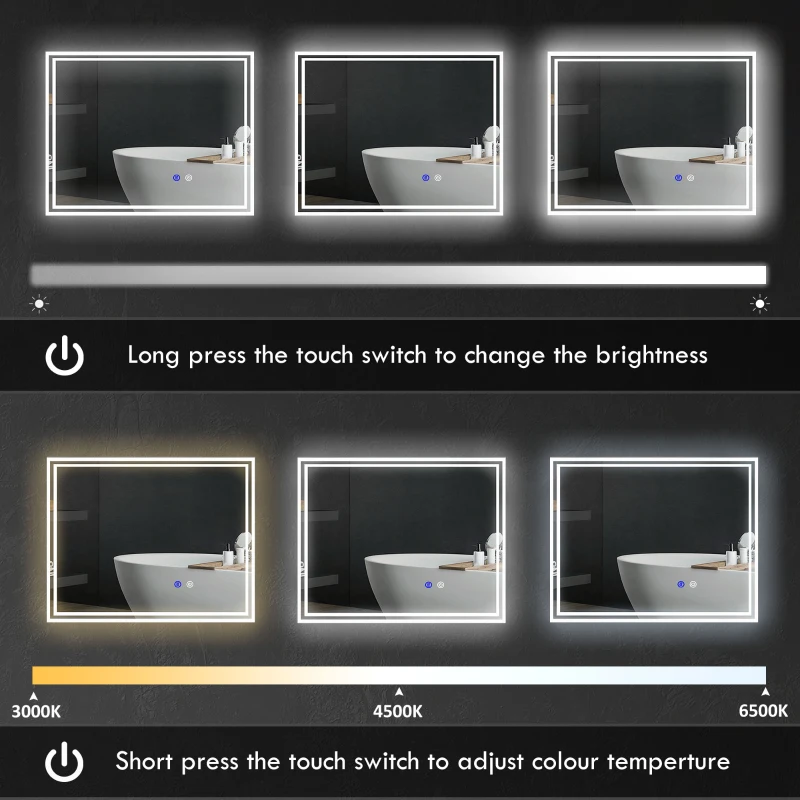 kleankin Large LED Bathroom Mirror, Illuminated Makeup Mirror, with 3 Colour, Smart Touch, Anti-Fog