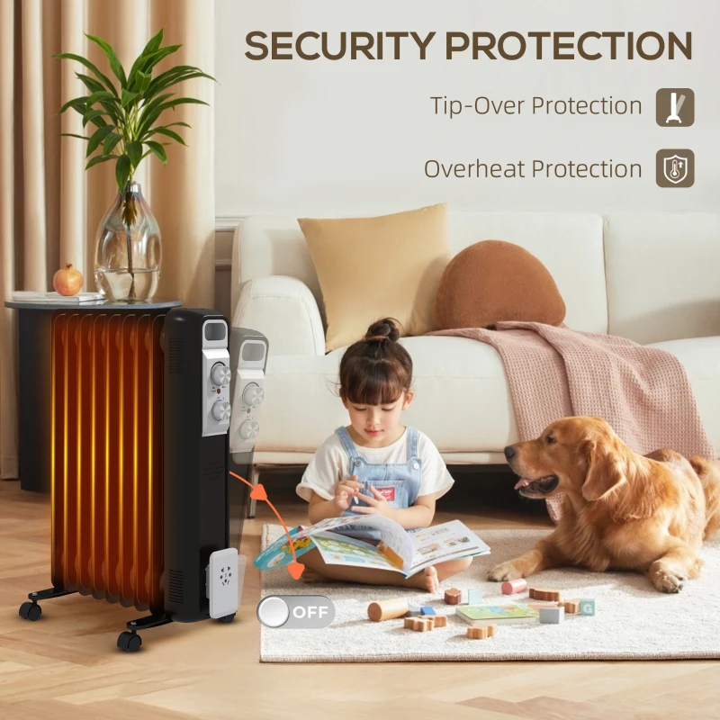 HOMCOM 2kW Nine Fin Oil-Filled Radiator - Black