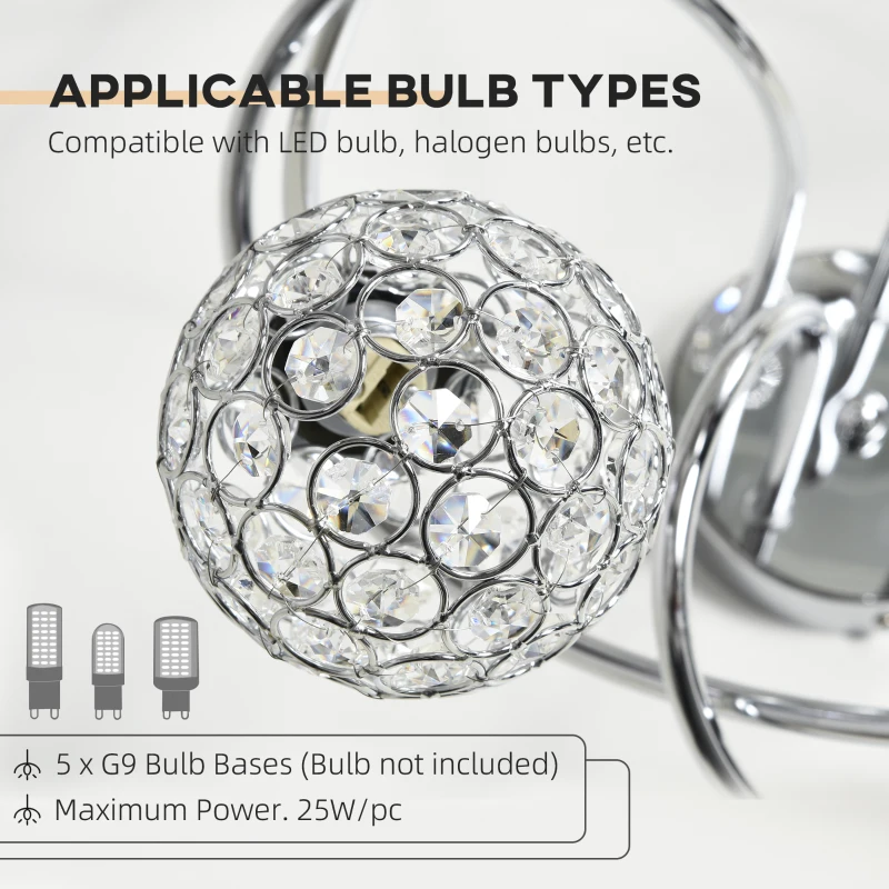 HOMCOM Modern Crystal Ball Chandelier Ceiling Light Pendant Light with 5 Lampshades 5 G9 Bulbs Required Silver