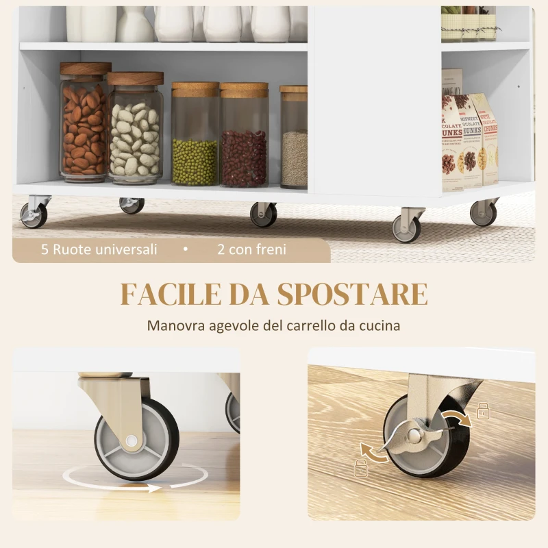 HOMCOM Carrello Isola da Cucina con Ripiani Regolabili, Portacoltelli e Piano in Legno, 86.5x47x88 cm, Bianco