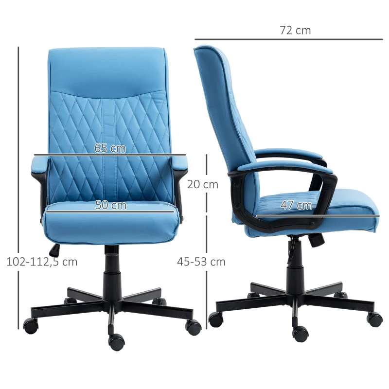 Vinsetto Silla de Escritorio Basculante Tapizado en PU con Respaldo Alto y Altura Ajustable Carga 120 kg 65x72x102-112,5 cm Azul