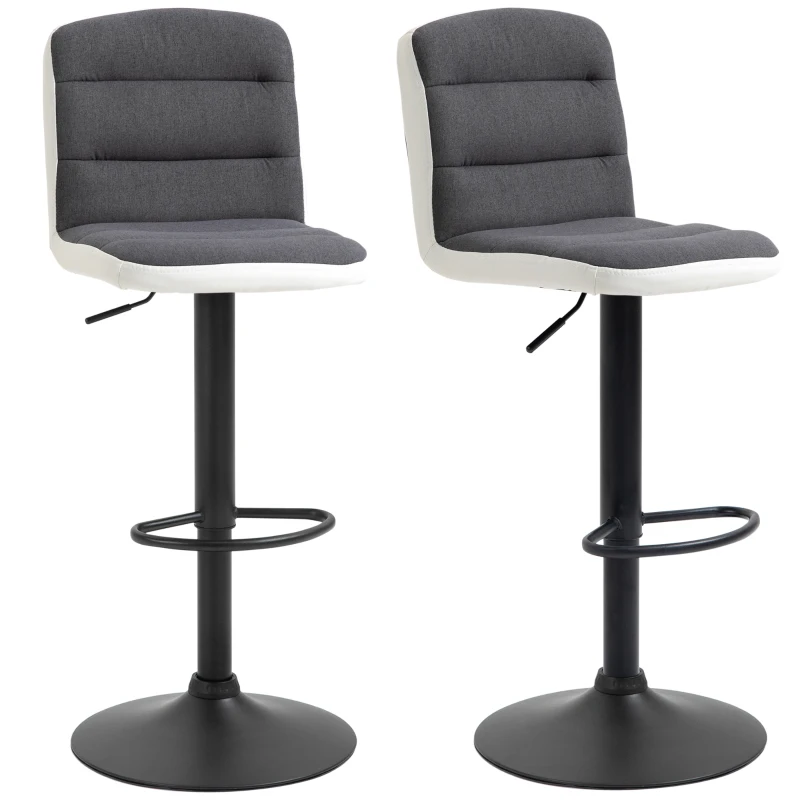 HOMCOM Bar Stools Set of 2, Height Adjustable Bar Chairs in Fabric and Faux Leather, 360° Swivel Kitchen Stool with Backrest and Footrest, Dark Grey