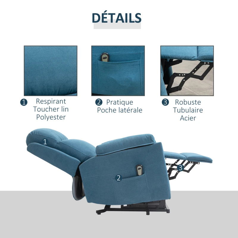 HOMCOM Fauteuil électrique releveur fauteuil relax avec repose-pieds dossier inclinable télécommande poche latérale bleu(m-7)