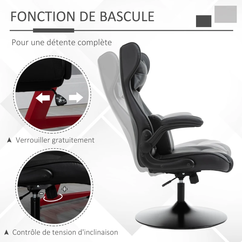 Vinsetto Fauteuil gaming fauteuil de bureau gaming base ronde métal pivotante 360° hauteur réglable coussins intégrés revêtement synthétique noir