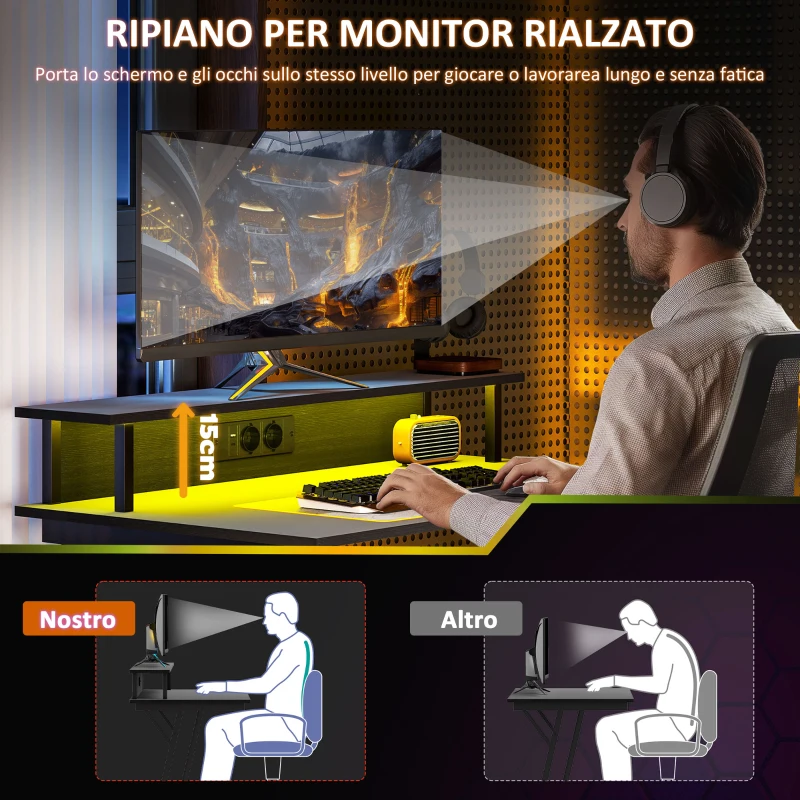 HOMCOM Scrivania Gaming con Luci LED e Supporto per Monitor, in Truciolato e Acciaio, 100x60x88.5 cm, Nero