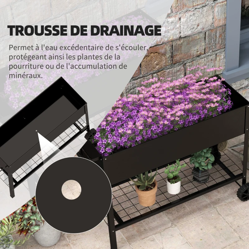 Outsunny Jardinière sur Pieds Potager dim. 109L x 39l x 80H cm étagère 2 Roues + Insert d'irrigation métal Noir