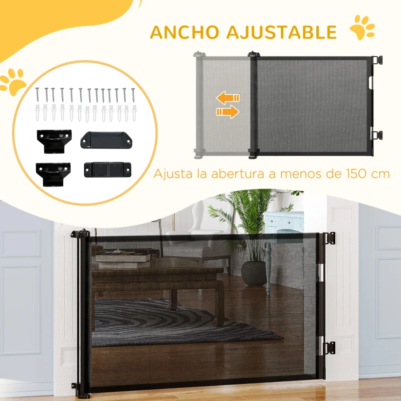 PawHut Puerta de Seguridad Extensible 0-150 cm Barrera Retráctil para Mascotas para Escaleras 165x10,7x85 cm Negro