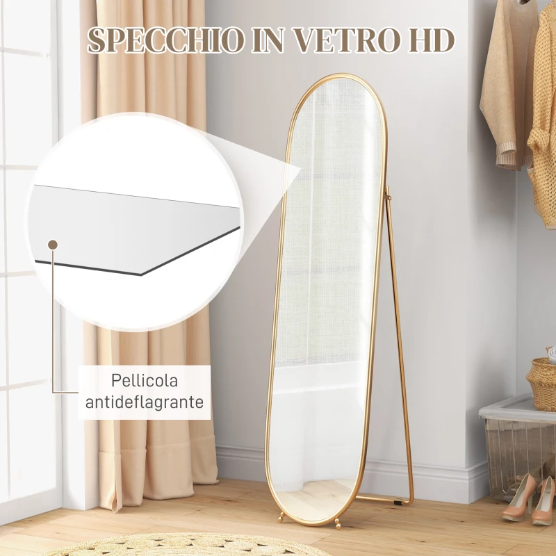 HOMCOM Specchio Verticale Ovale da Terra con Supporto, in Vetro e Metallo, 40x41x159 cm, Tonalità Oro