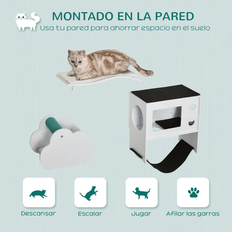 PawHut Juego de Escalada para Gatos de Pared de 3 Piezas con Caseta Plataformas Hamaca y Poste de Sisal Blanco
