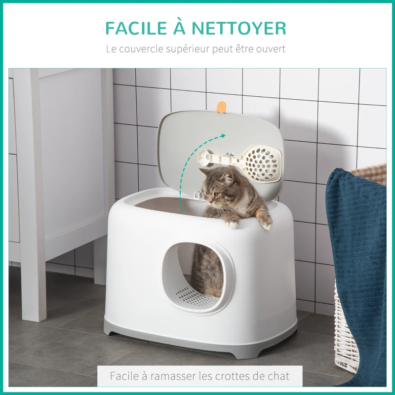 PawHut Bac à litière pour chat maison de toilette fermée avec couvercle et pelle, Plastique (PP), 55L x 40l x 39H cm, blanc