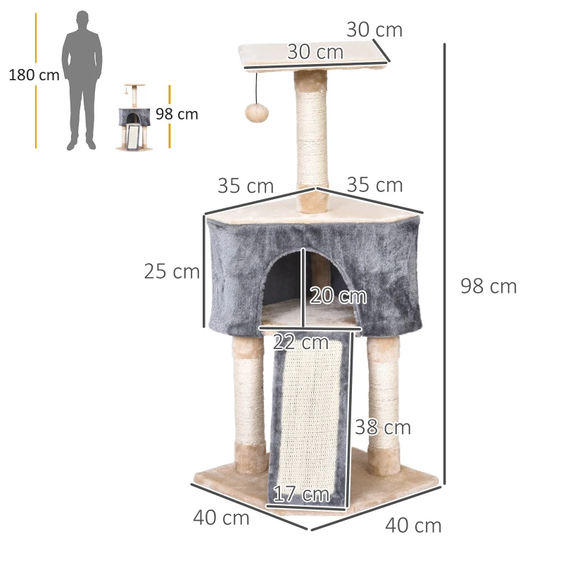 PawHut Árbol Rascador para Gatos con Cueva Juguete Colgante Rampa y Postes Rascadores de Sisal 40x40x98 cm Gris y Beige