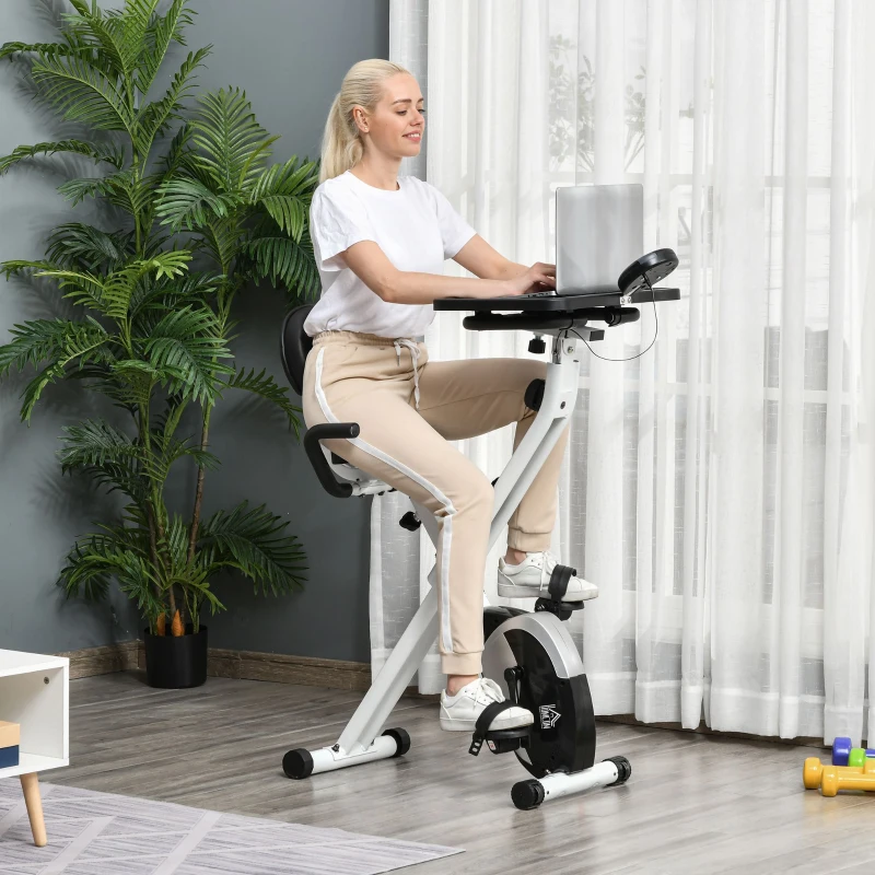 HOMCOM Indoor Magnetic Exercise Bike 8-Level Adjustable Magnetic Resistance Cardio Trainer Seat Height Adjustable Cycling Bike, w/ Desktop, 1.5kg Flywheel, LCD Display,  White